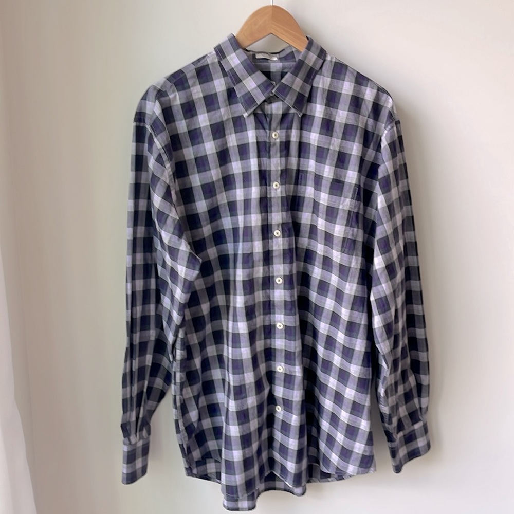 Peter Millar Mens Button Down Purple Grey Plaid Shirt 100% Cotton Size XL